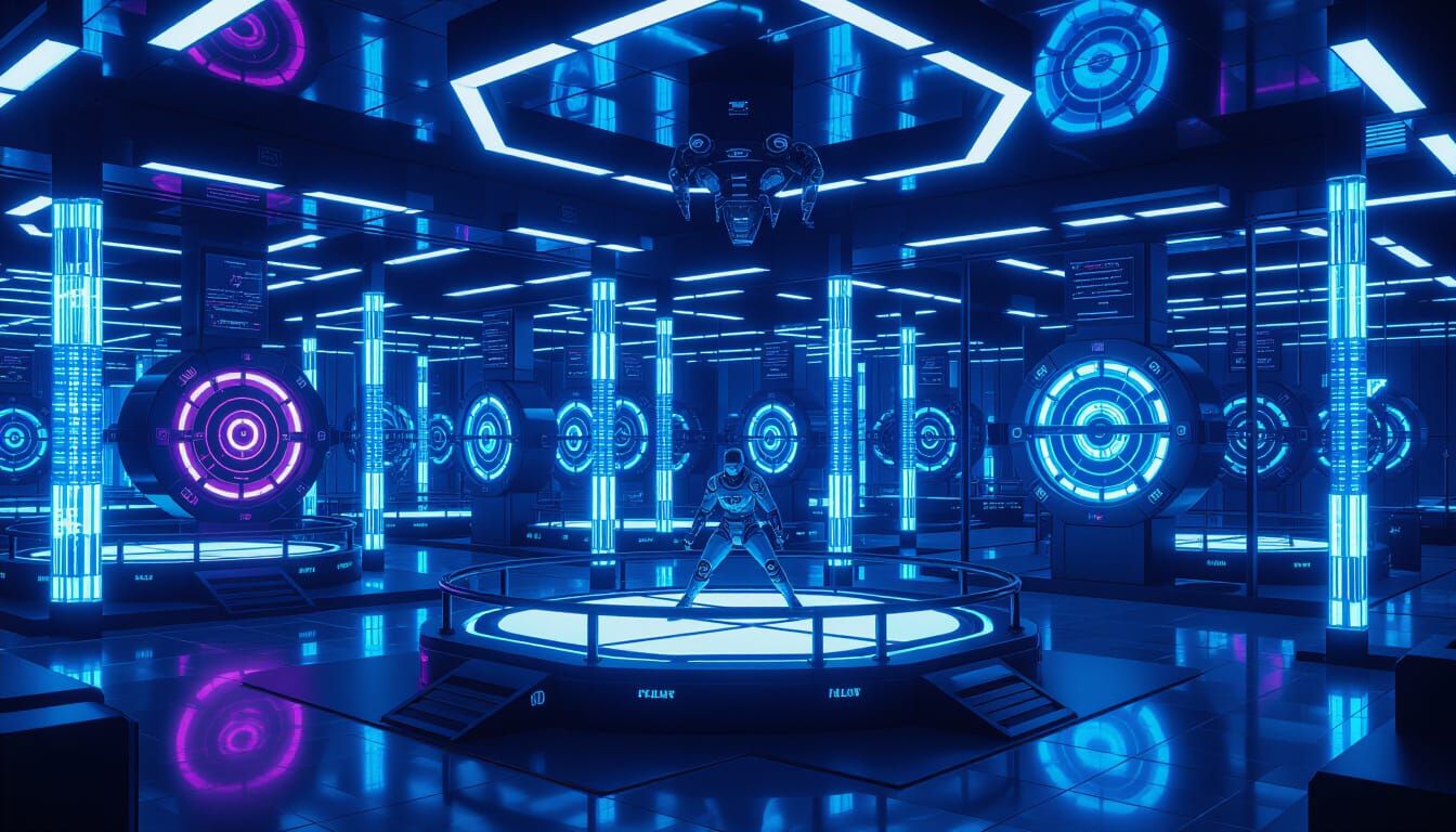 Futuristic Dojo with Combat Drones in Neon Style
