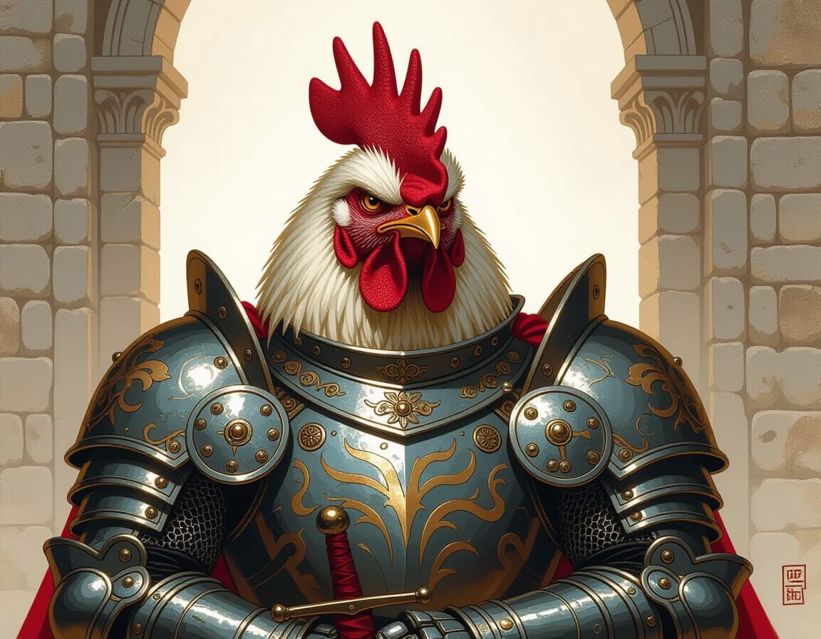 Grumpy Chicken Knight in Ornate Armor
