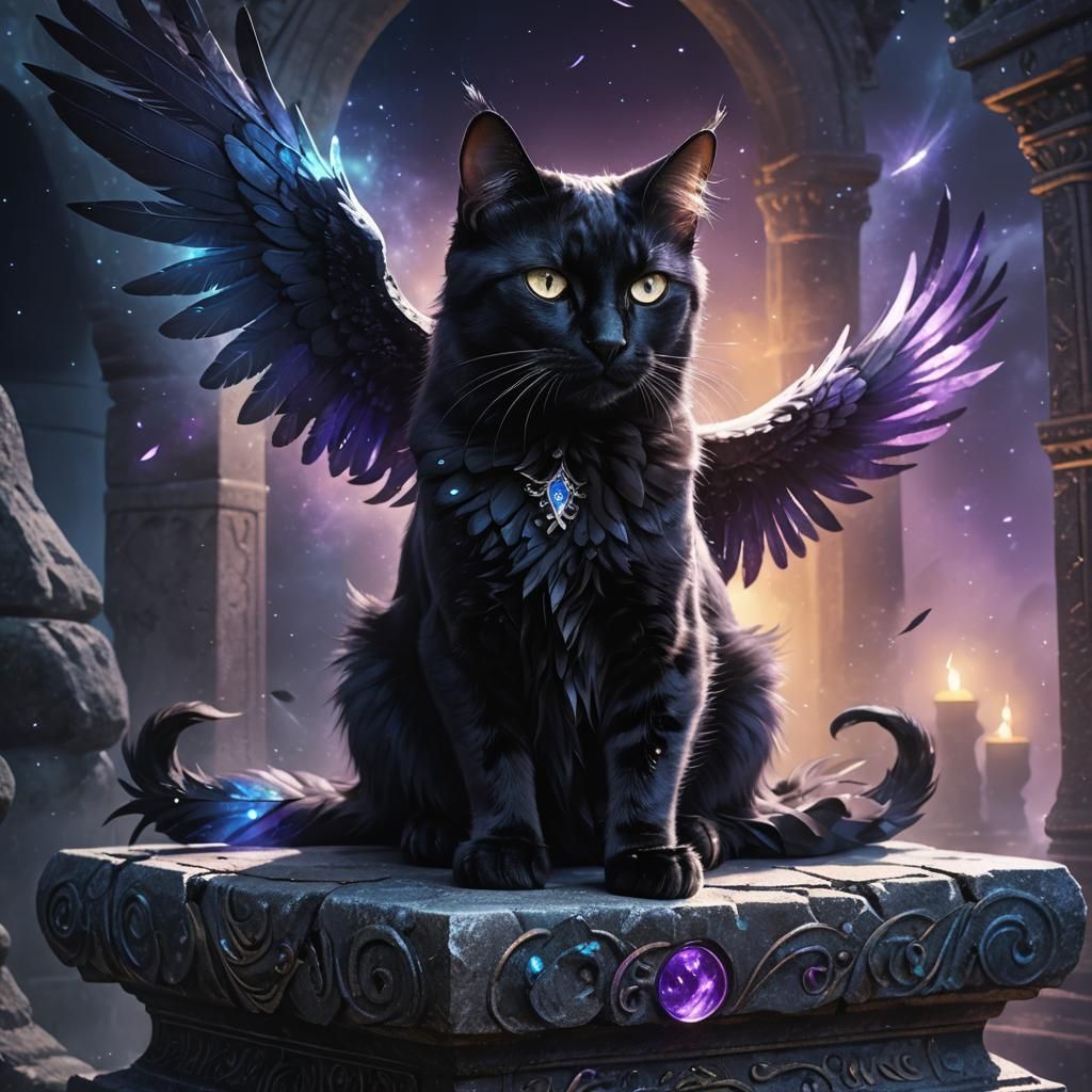 Mystical Black Winged Cat on Moonlit Pedestal