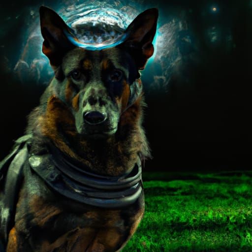 Armored German Shepherd Dog Portrait at Night