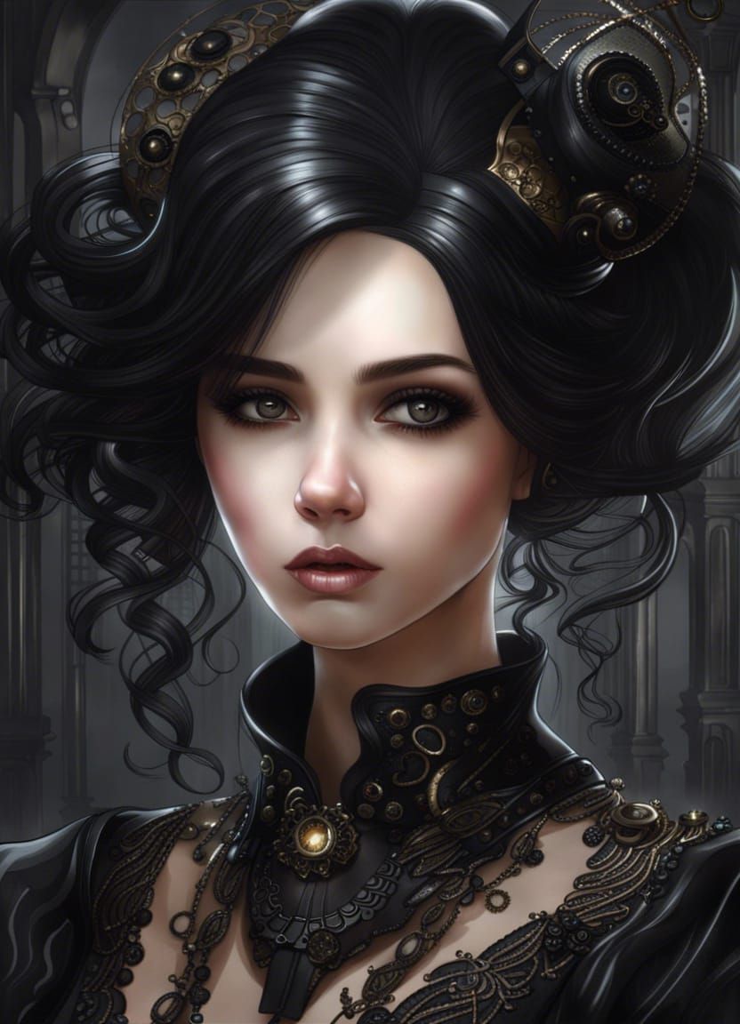 Gothic Girl in Steampunk Dress: Digital Art