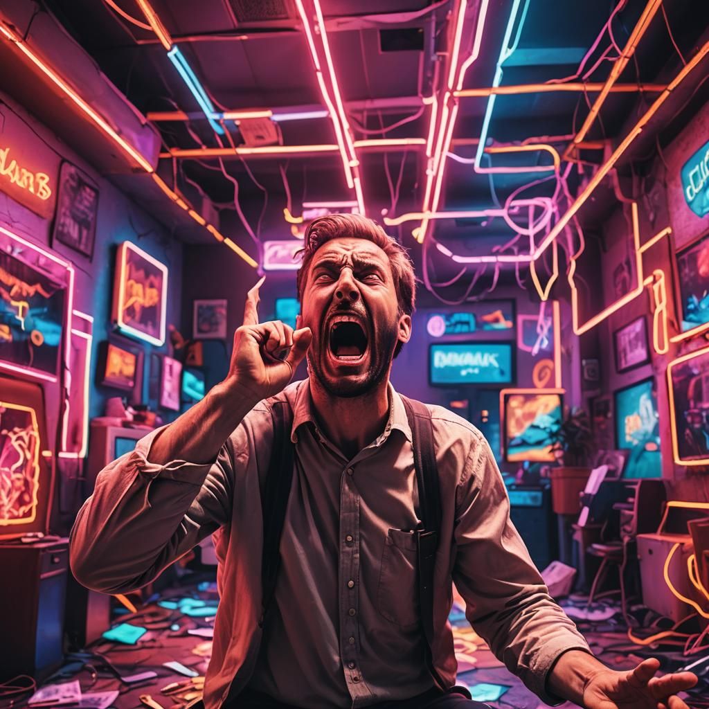 Man Screaming in Pain with Neon Lights