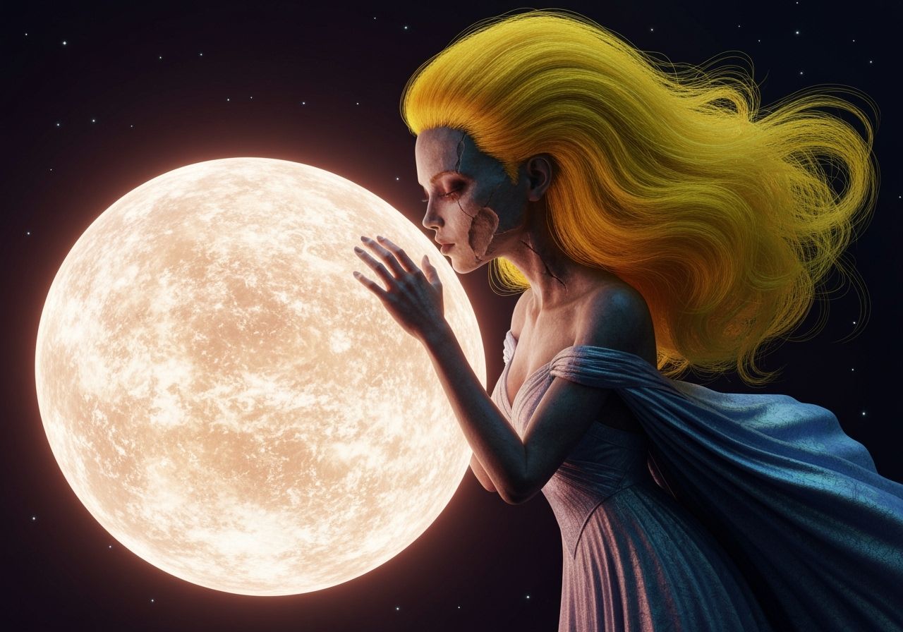 Celestial Woman Kissing Planet in 3D Rendering