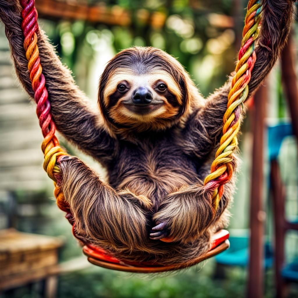 Colourful Sloth on Garden Swing: Hyperrealistic Image