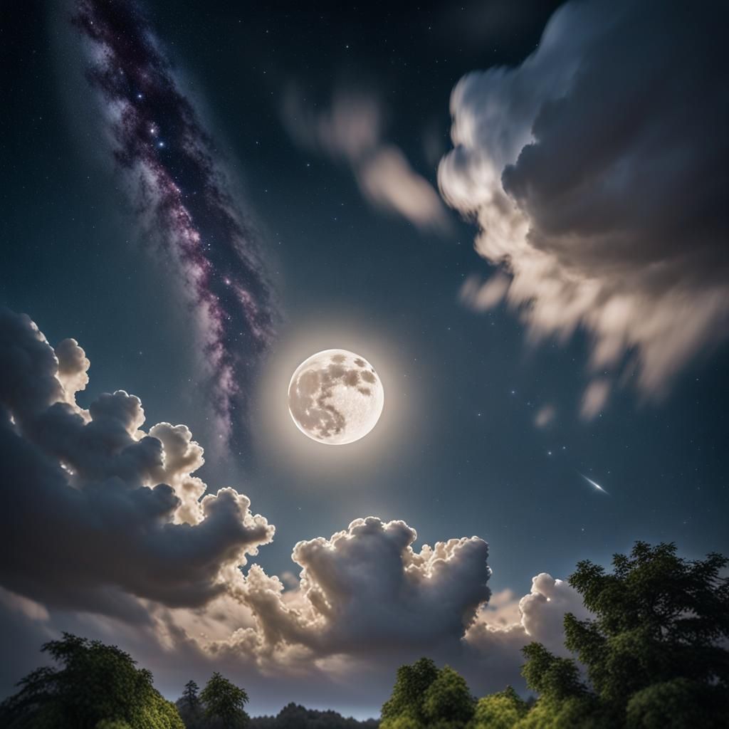 The night scattered the stars across the sky.The moon is lik...