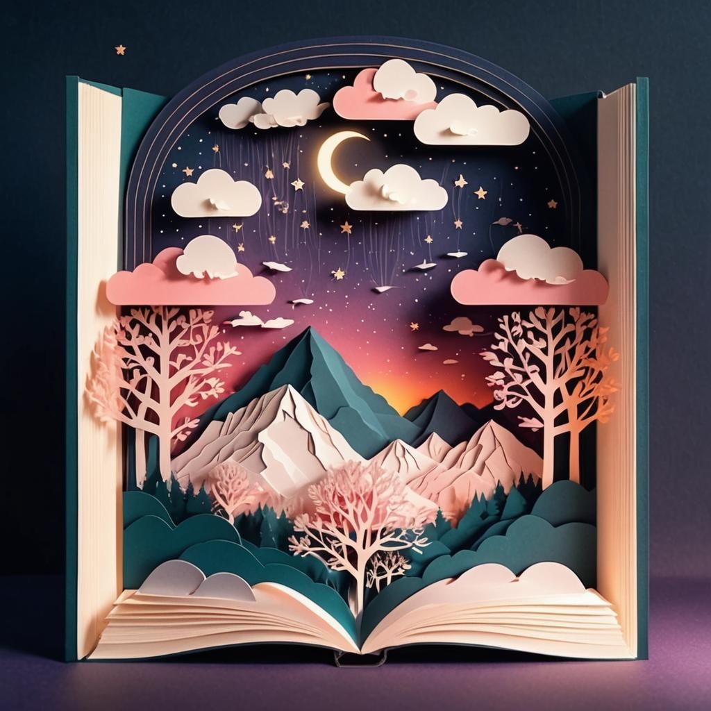 Magical Night Mountain Papercut Book Illustration