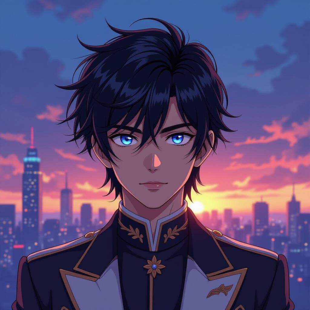 Anime-Style Young Man in Futuristic Cityscape
