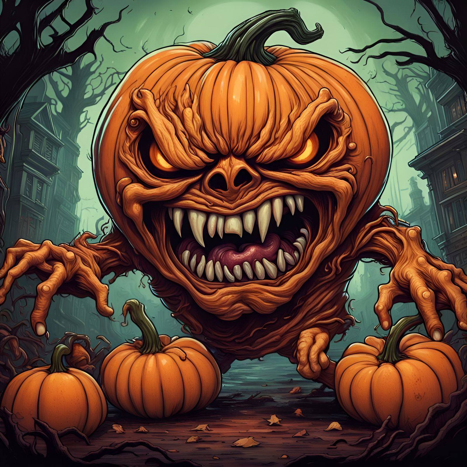 Colossal Zombie Pumpkin in Comical Horror Style