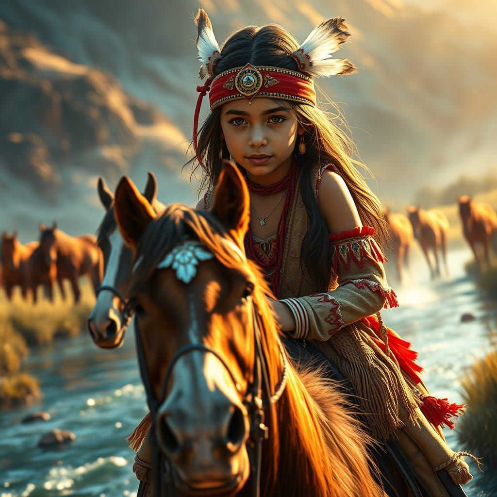 Native American Girl Riding Horse in River Landscape