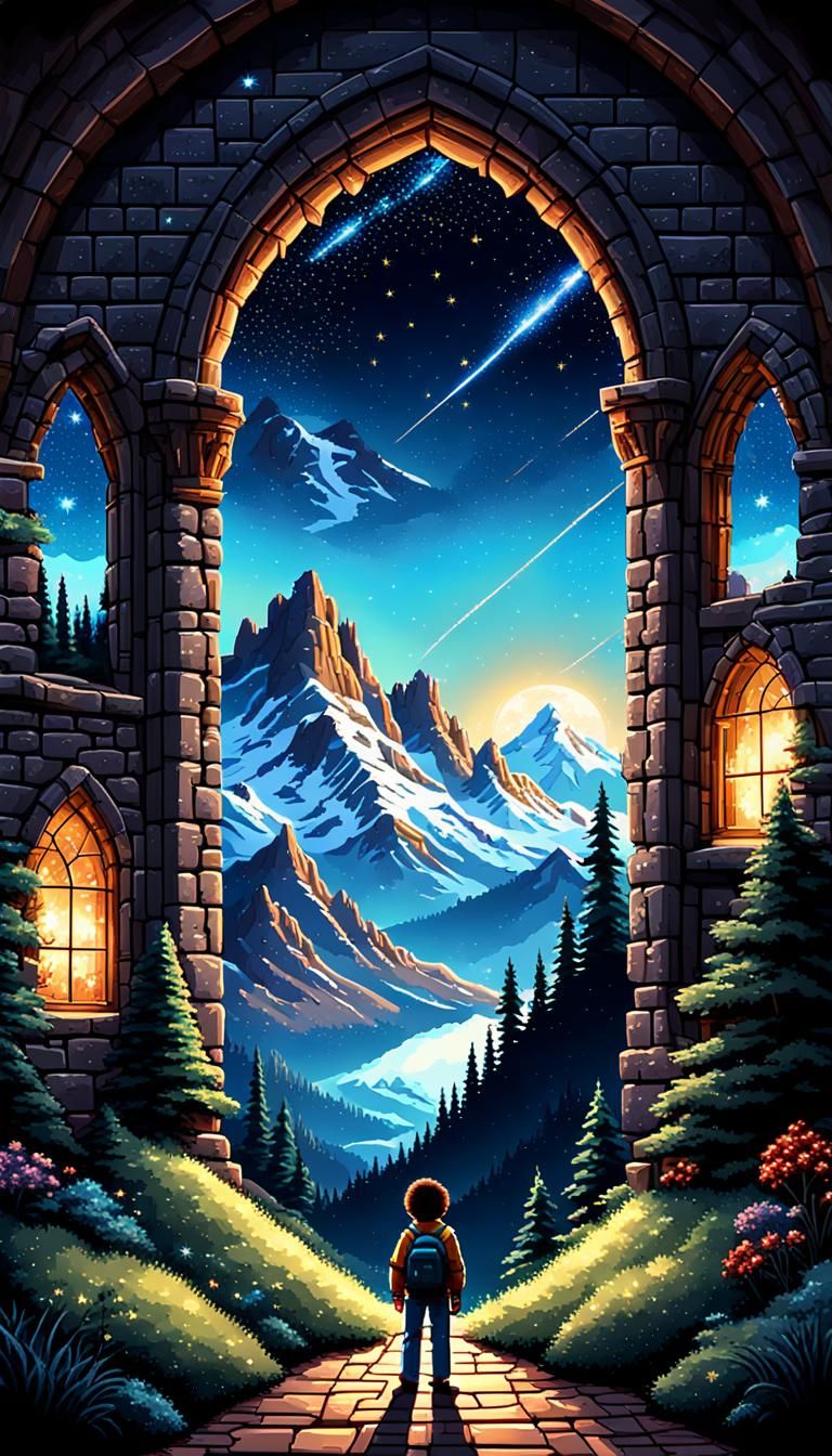 8-bit Bob Ross Painting Stars by Castle Window