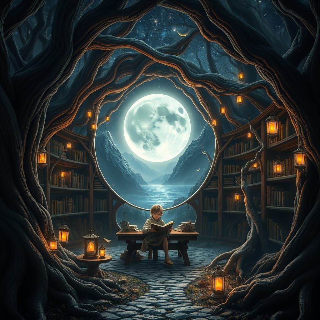 Mystical Forest Library with Time Portal