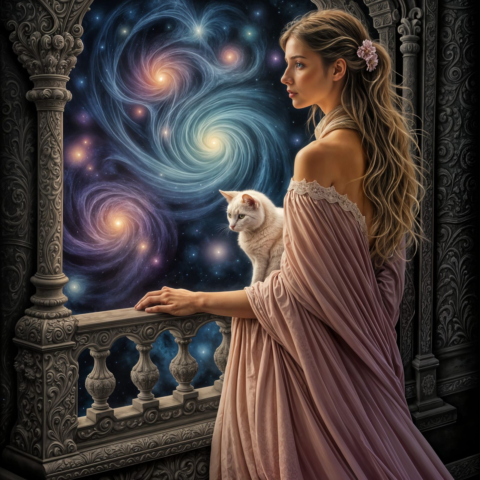 Baroque Woman Contemplates Nebula With Cat