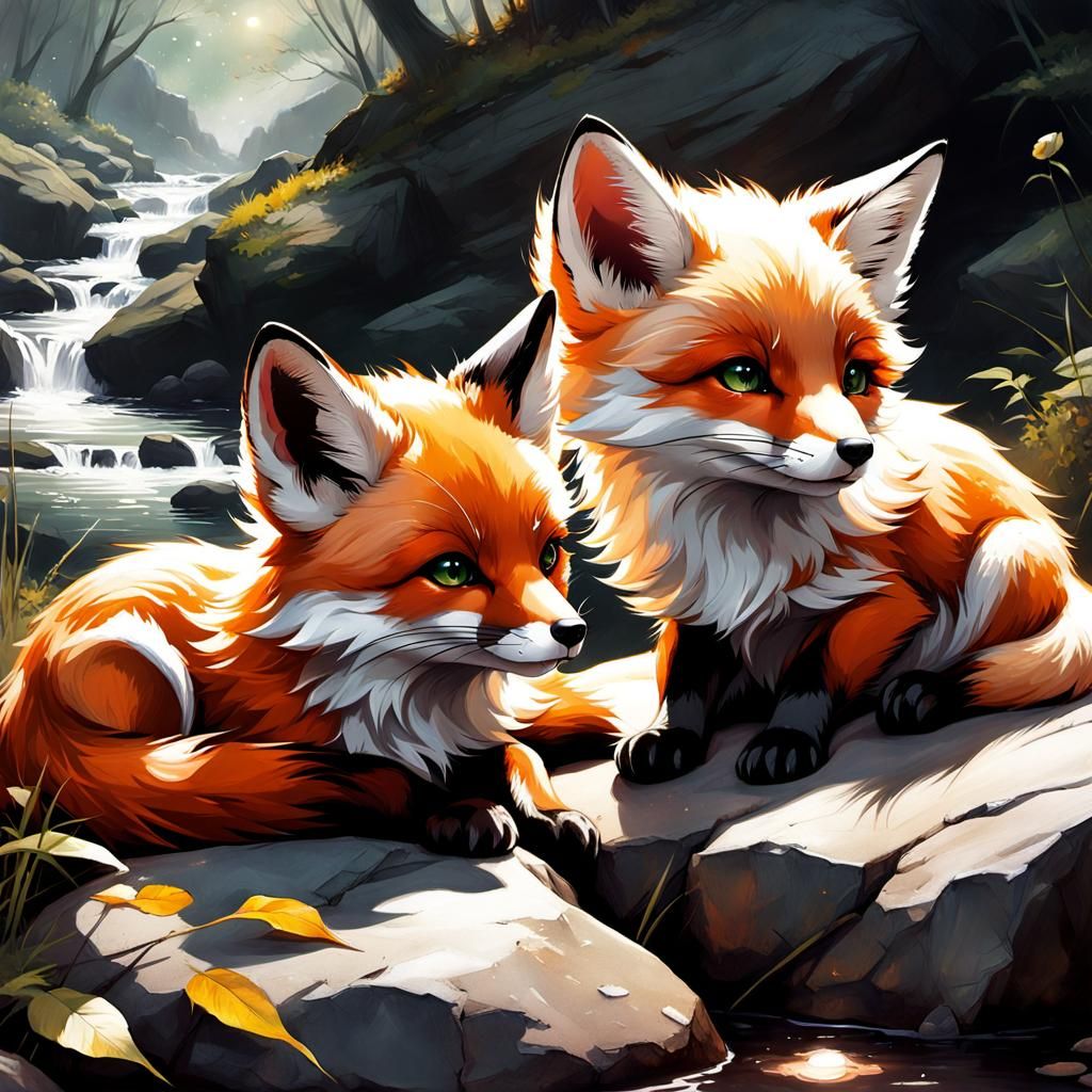 Yin and Yang Cosmic Foxes in Impressionist Style