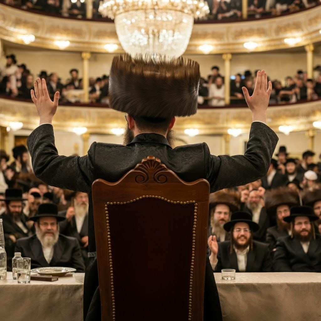 Hasidic Jew in Regal Attire Raises Hands in Exuberance