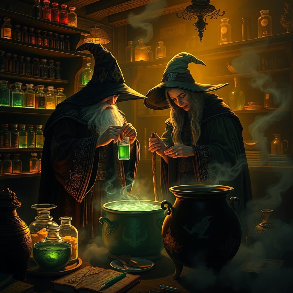Mystical Apothecary: Wizard and Witch Brewing Potion