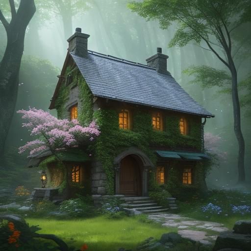 Sunlit Stone House in Spring Clearing