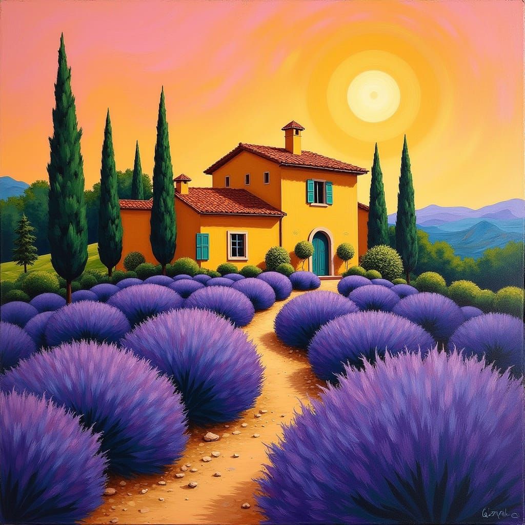 Provençal Villa in Impressionistic Style at Sunset