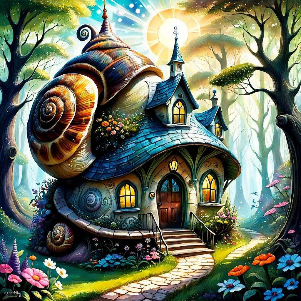 Enchanted Forest Snail Shell House as Impasto Painting