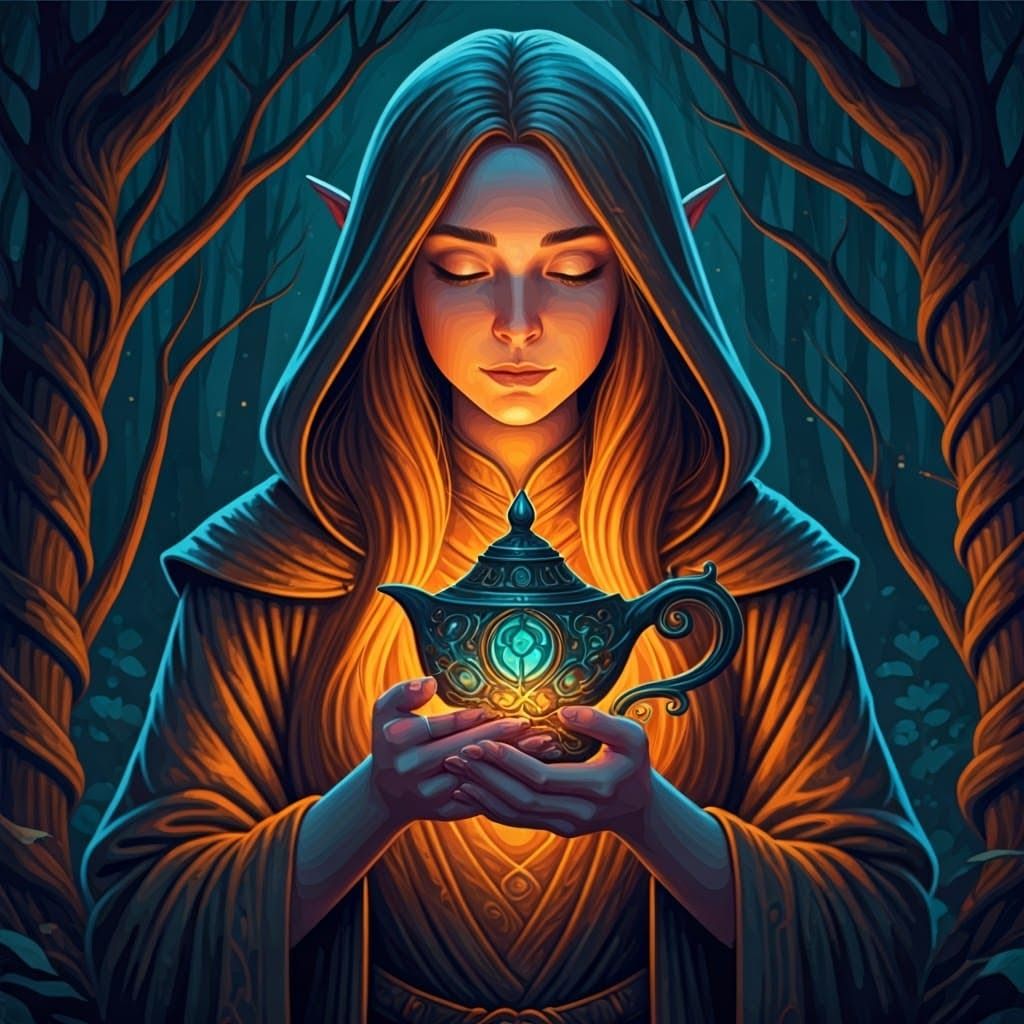 Elven Druid with Magical Lamp in Enchanted Forest