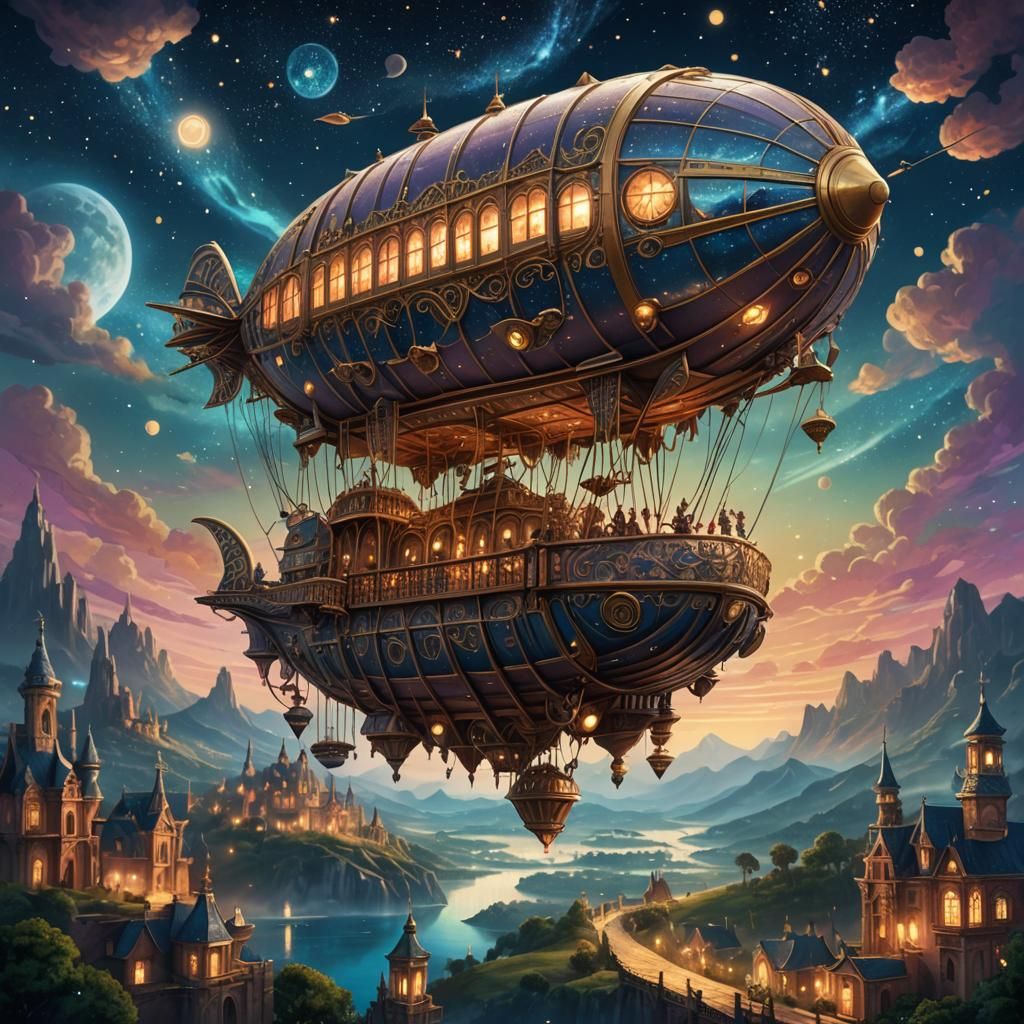 Airship Over Dreamlike Landscape in Rococo Style