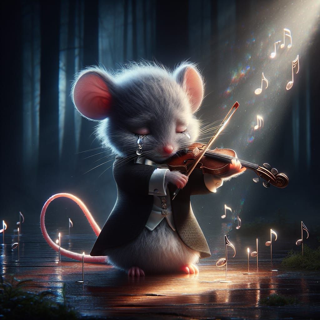 Mouse Violinist in Forest Spotlight, Hyperrealistic Digital ...