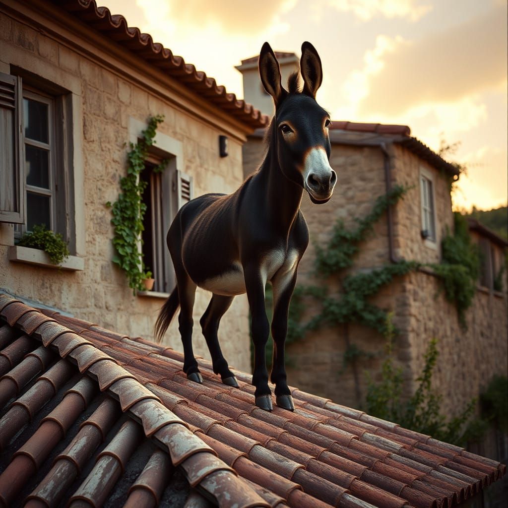 Majestic Donkey on Weathered Mediterranean Roof