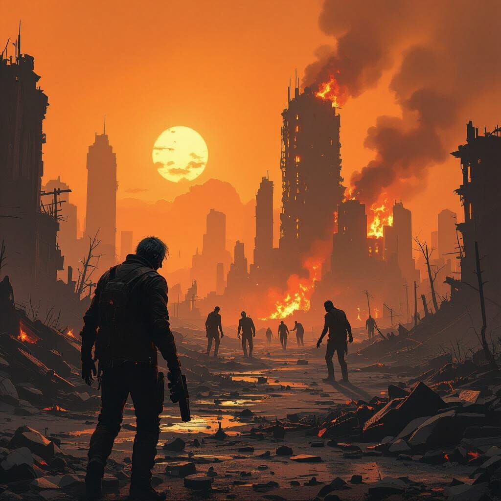 Apocalyptic Cityscape with Burning Zombies in Dystopian Styl...