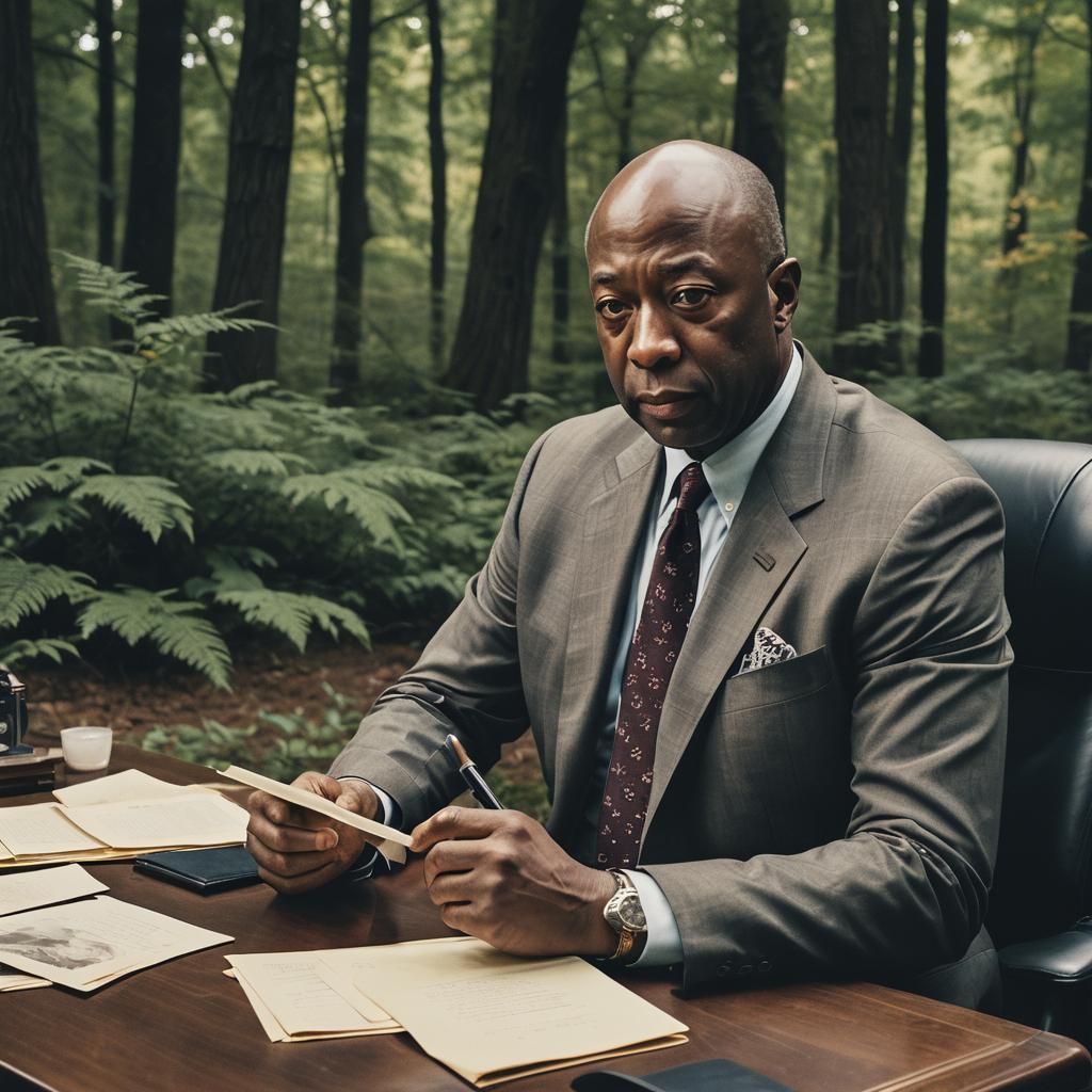 Cinematic Film Still of Tim Scott Writing Memoirs