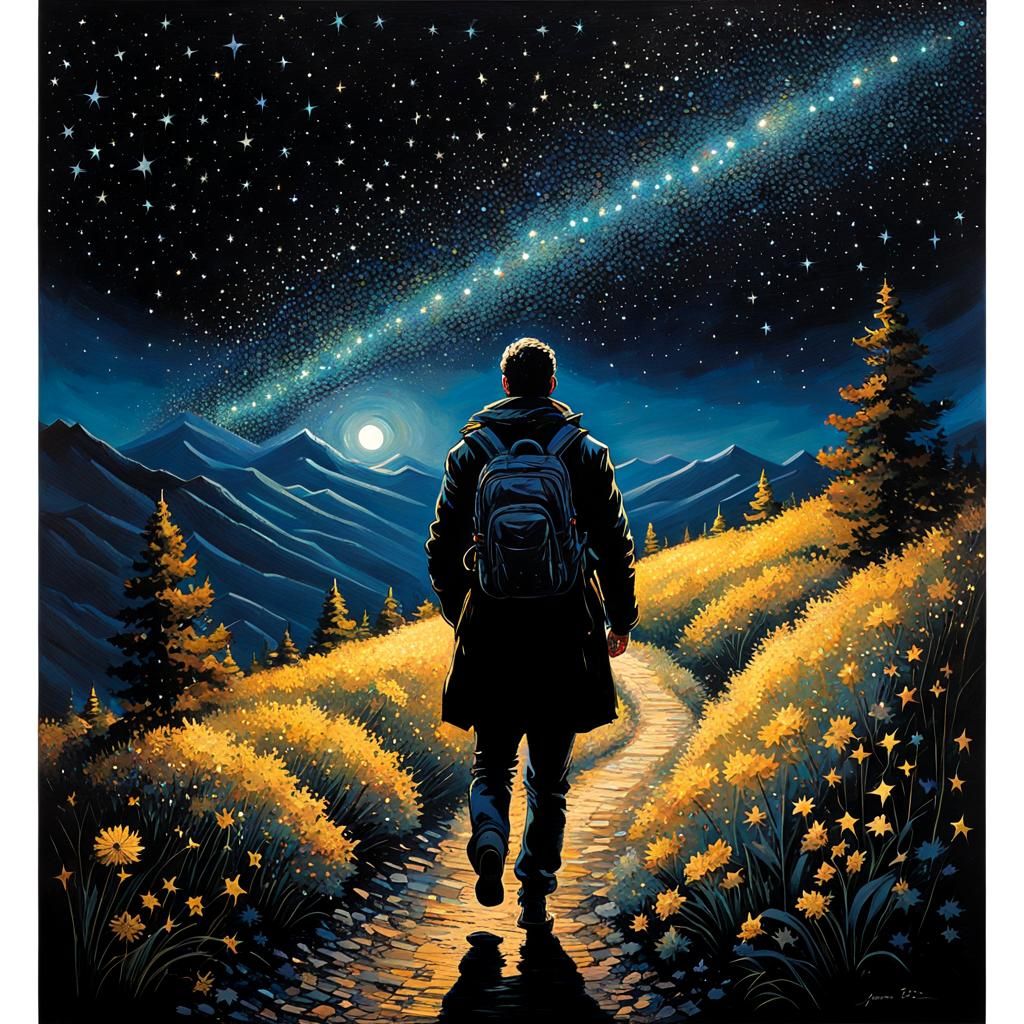 Traveler on a moonlit mountain trail, portrait, black black sky, bright bright stars, sparkle sparkle everywhere, by ja...
