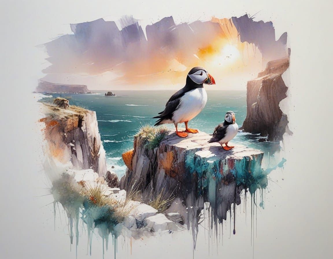 Puffin on Cliff Edge in Bold Graphic Style