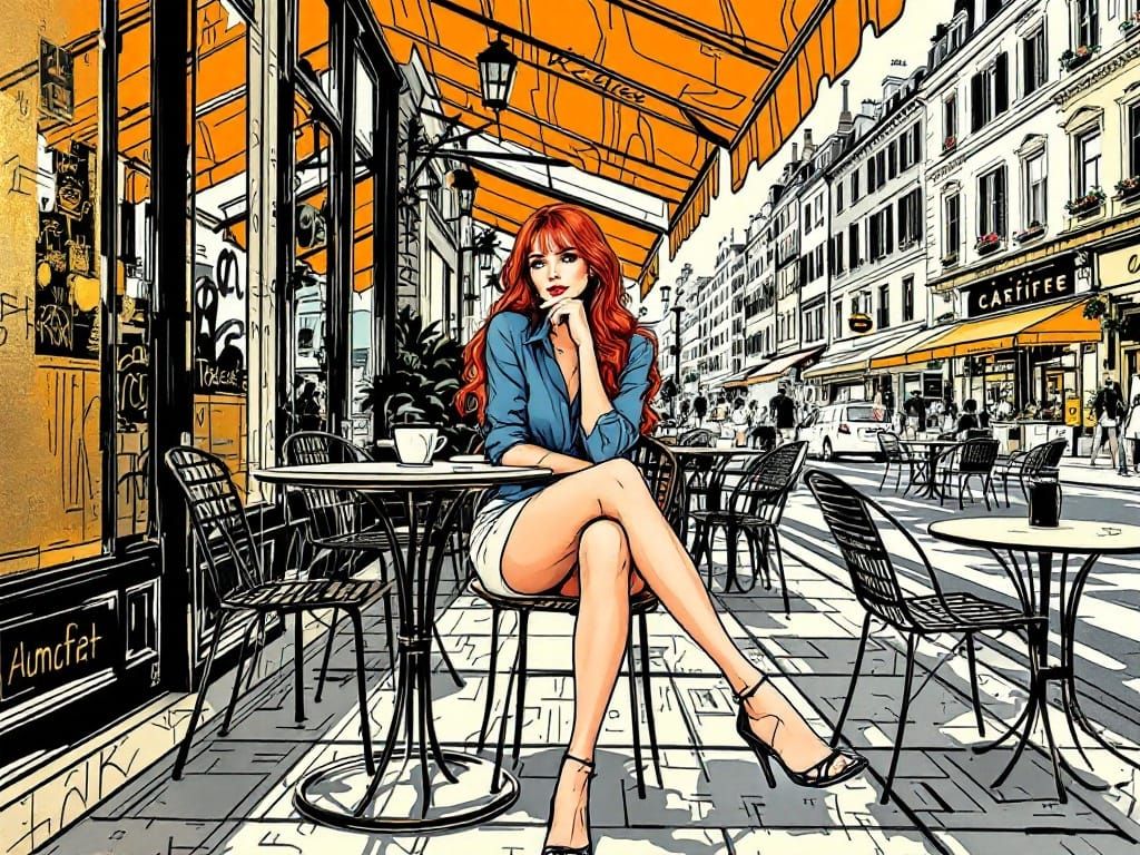 A Fashionable Woman in a Stylized Urban Café Scene