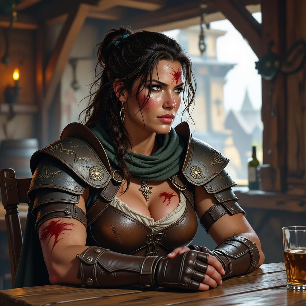 Battle-Scarred Woman in Tavern, Frazetta Style