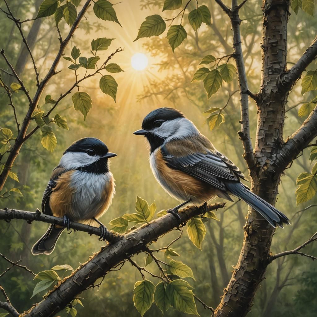 Chickadees in Sunset: Charcoal Drawing with Golden Light