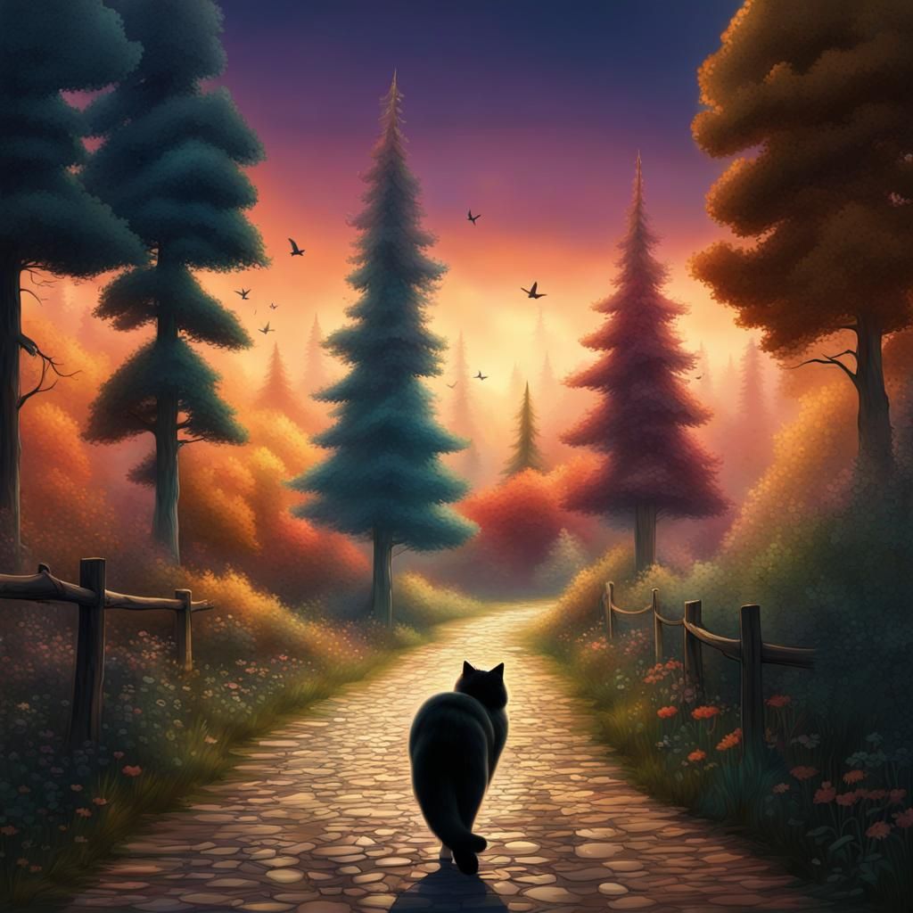 Woman and Cat Stroll in Magical Forest
