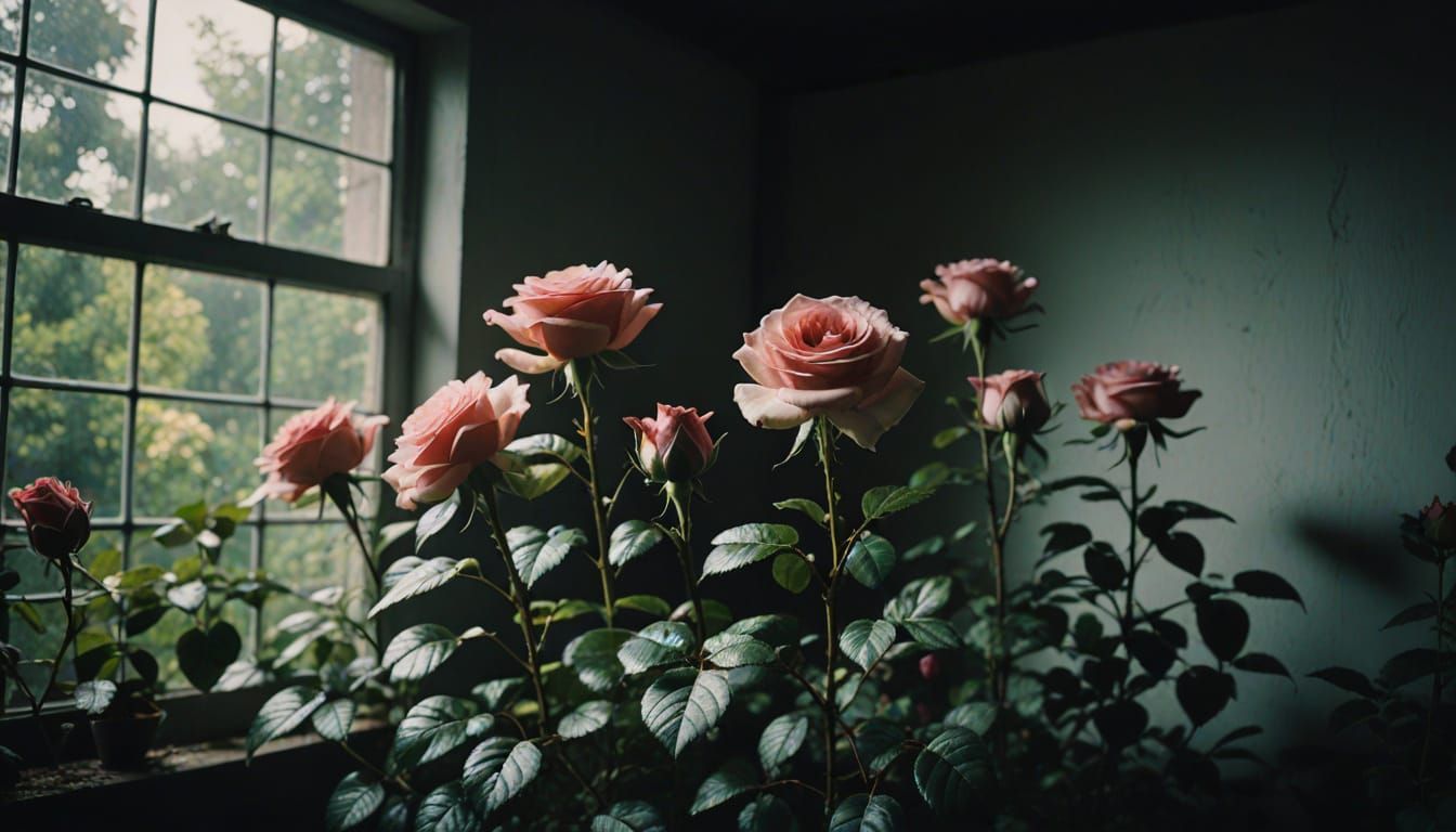 Ethereal Rose Garden in Cinematic Film Still