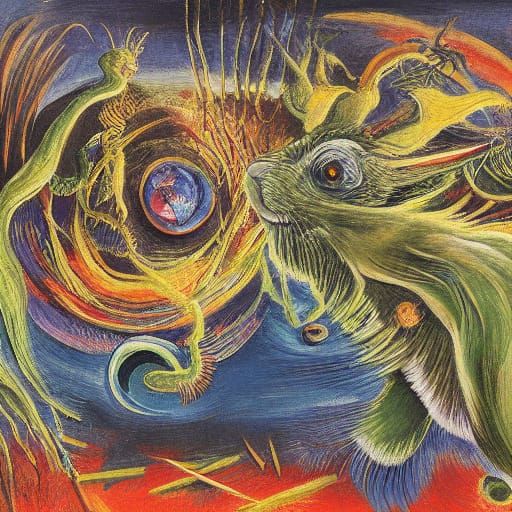 Surreal Cosmic Scene: Hare, Snake, and Vulture