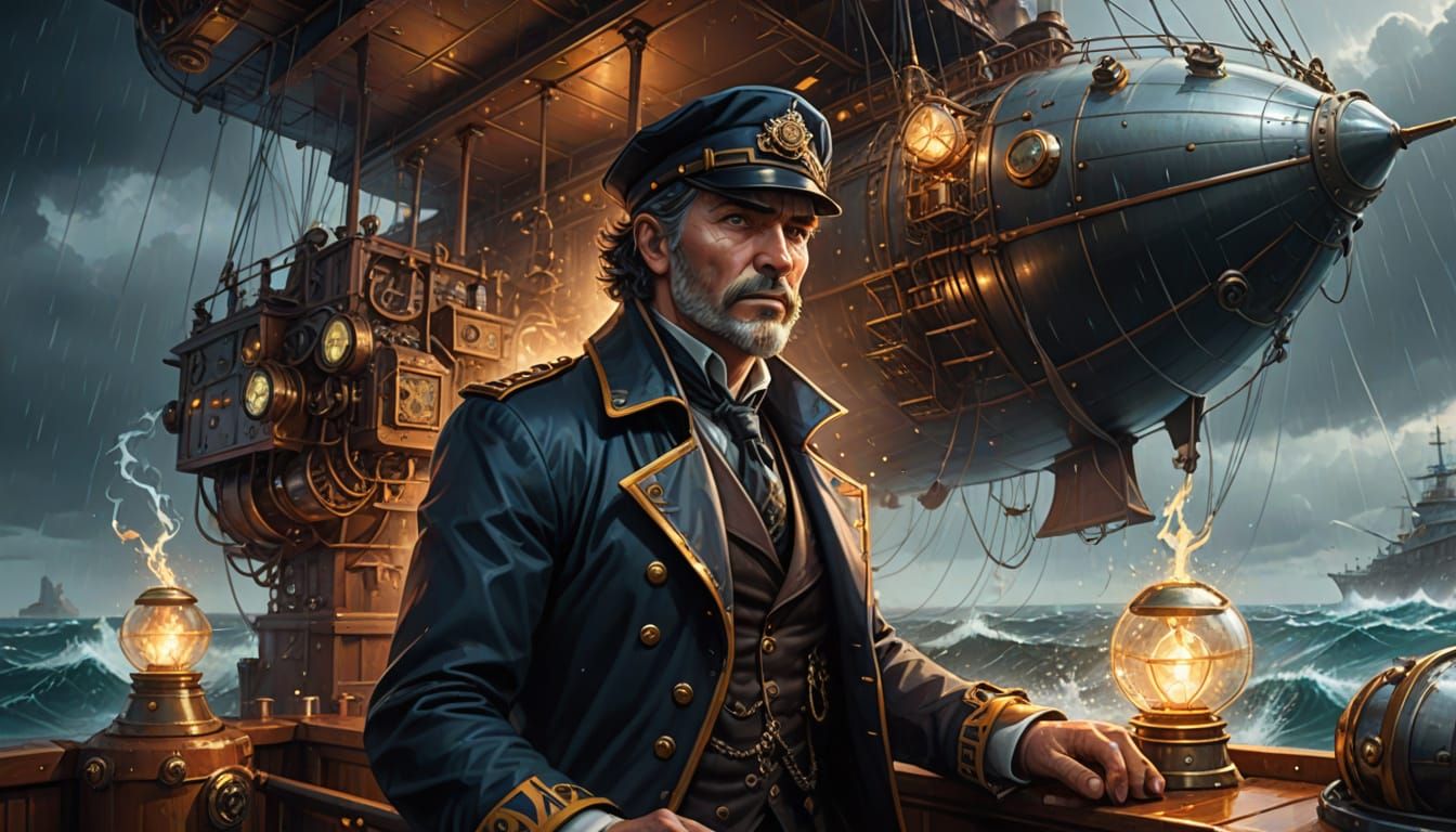 Steampunk Airship Crew Collects Lightning in Stormy Skies