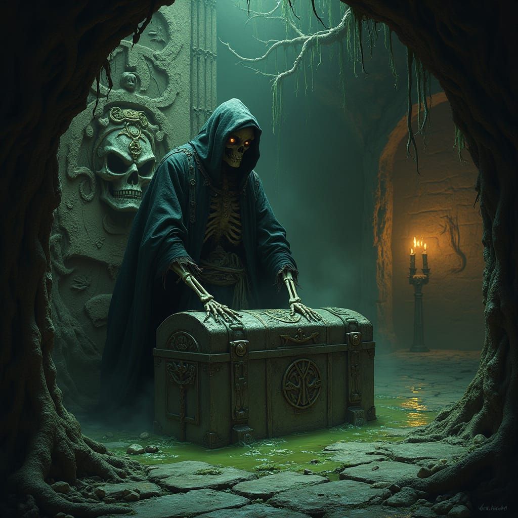 Skeletal Figure Emerges from Ancient Treasure Chest in Dark,...