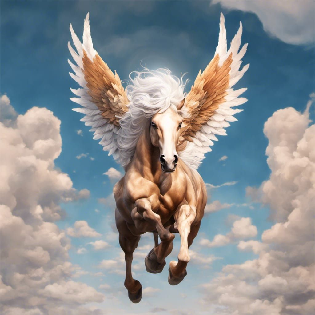 Majestic Pegasus Soaring Through Clouds as Oil Painting