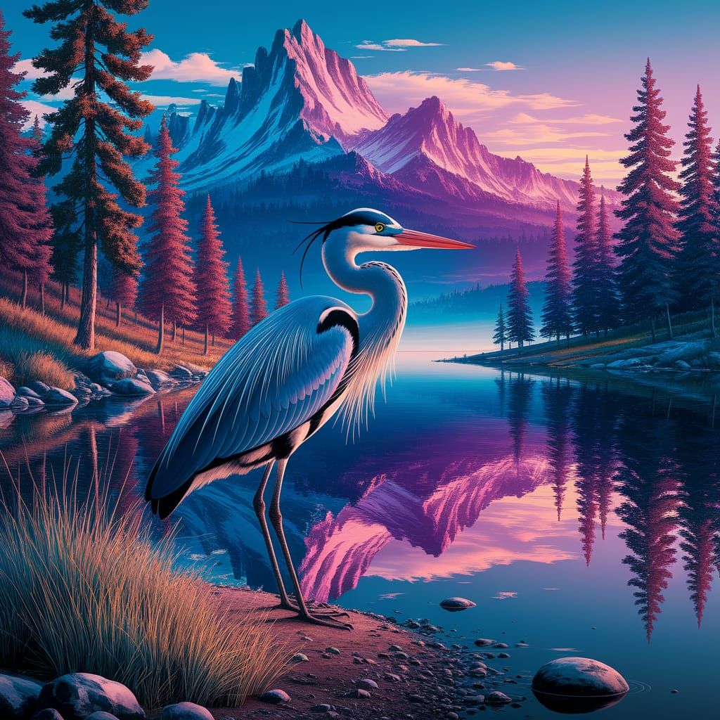 Heron by Lake Shore in Quilted Oil Painting Style