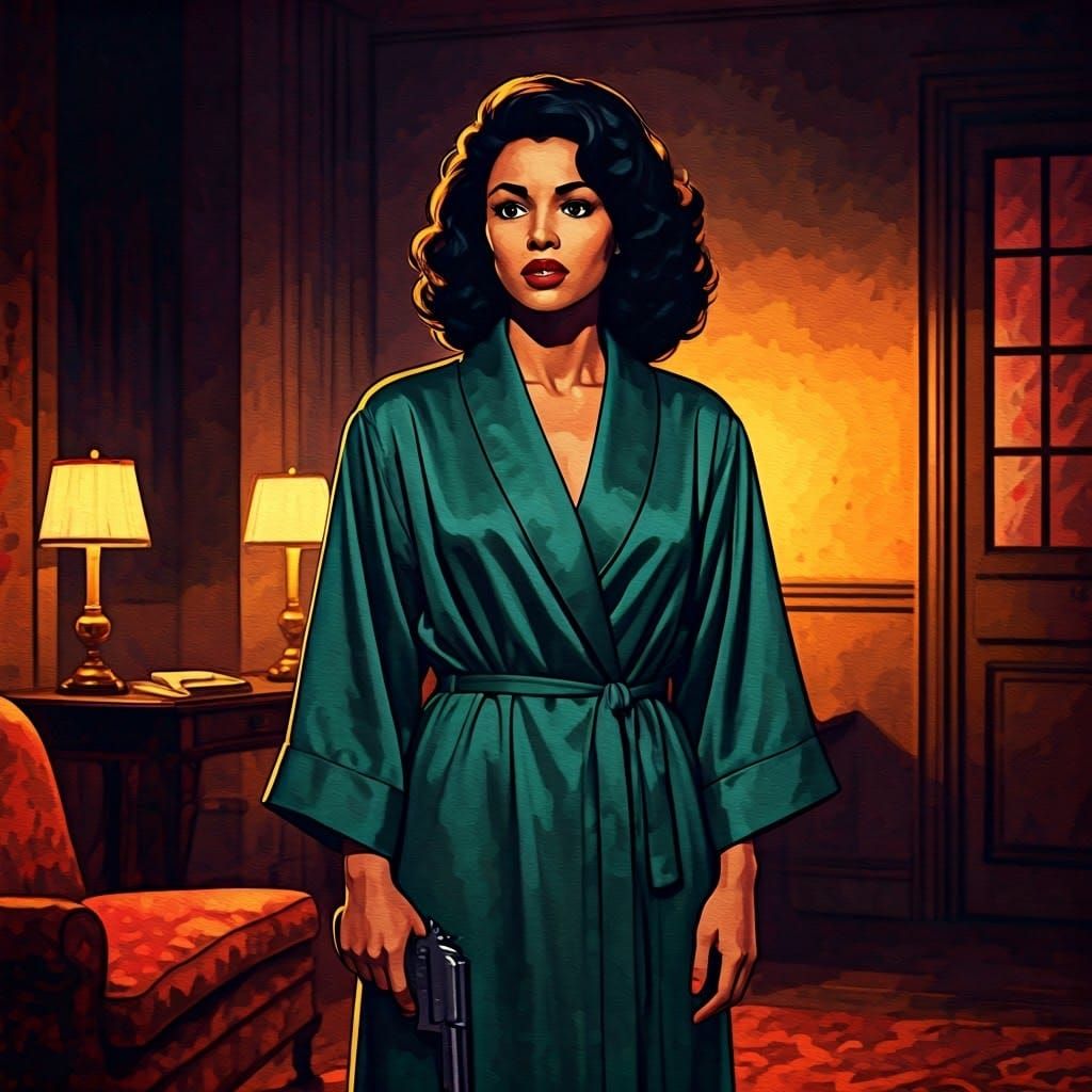 Glamorous Noir Woman Wears Green Dressing Gown in Dark Room