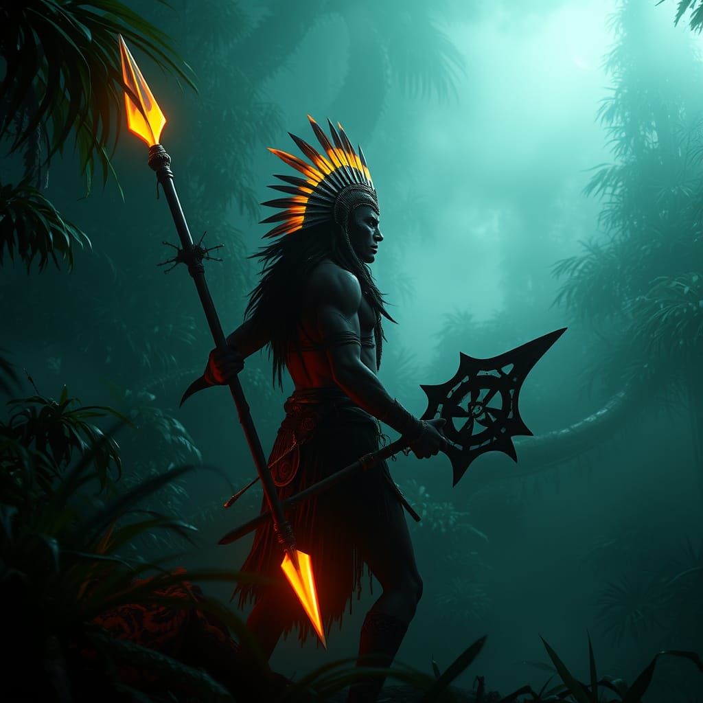Amazonian Warrior in Bioluminescent Jungle