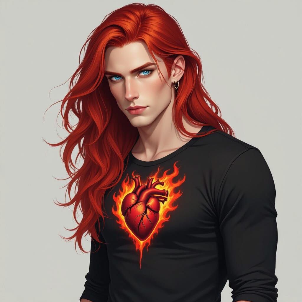 Fiery-Haired Man with Flaming Heart Tattoo
