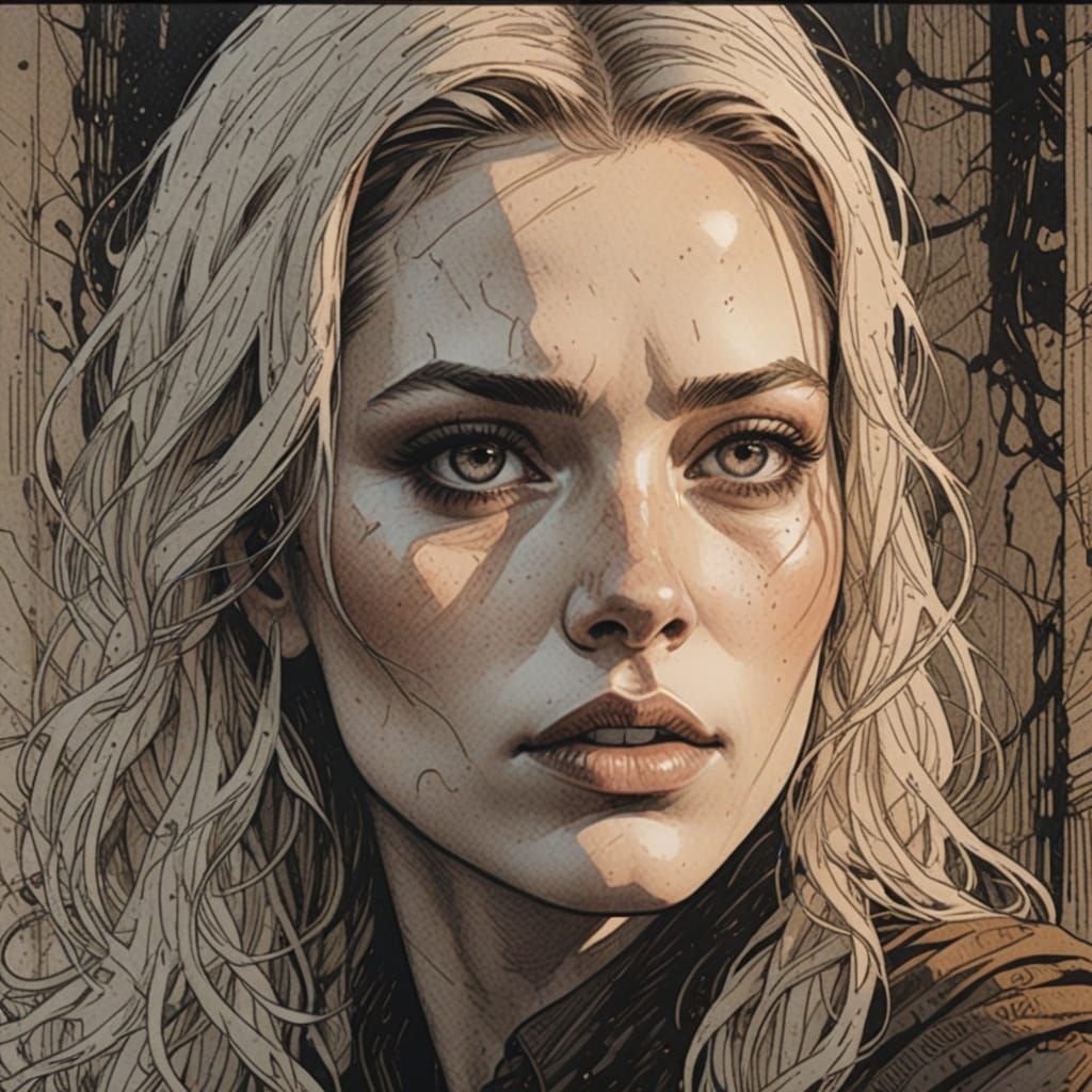 Young Girl in Warm Golden Light, Etched in Earthy Tones