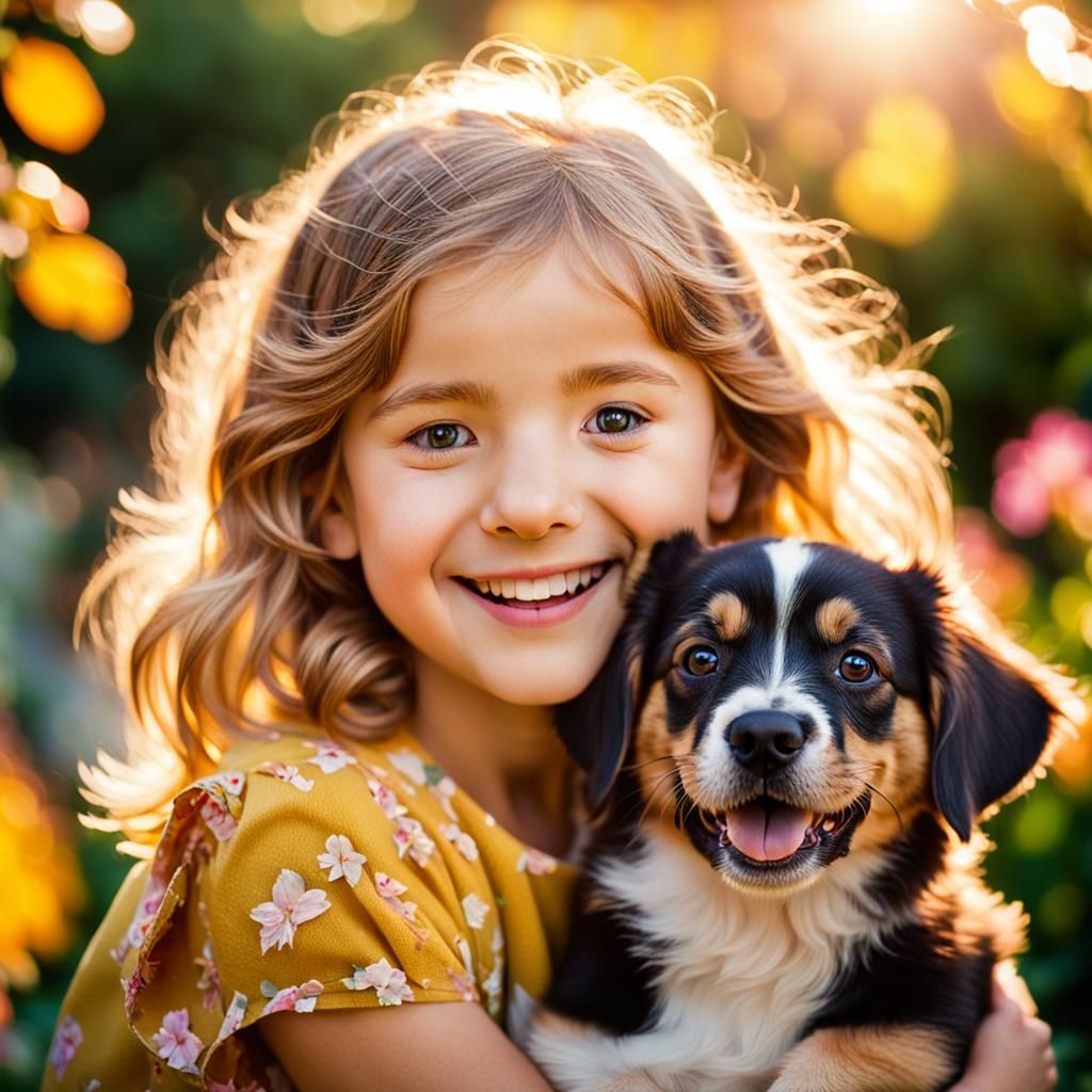 Girl and Puppy in Sunlit Garden Portrait