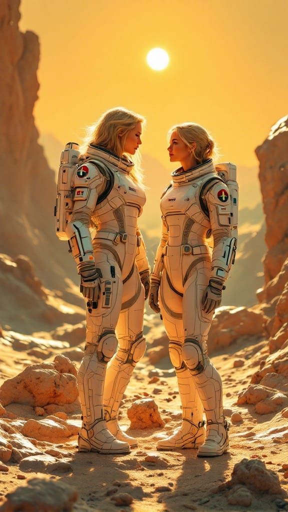 Mother and Daughter in Futuristic Spacesuits on Asteroid