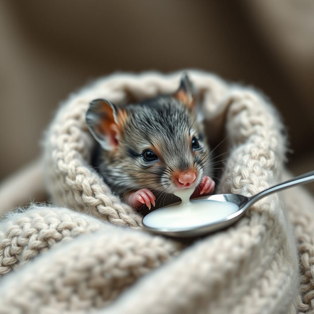 A Tiny Mouse in a Cozy Moment of Feeding