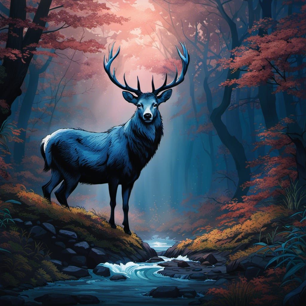 Blue Deer in Moonlit Forest: Fantasycore Artwork