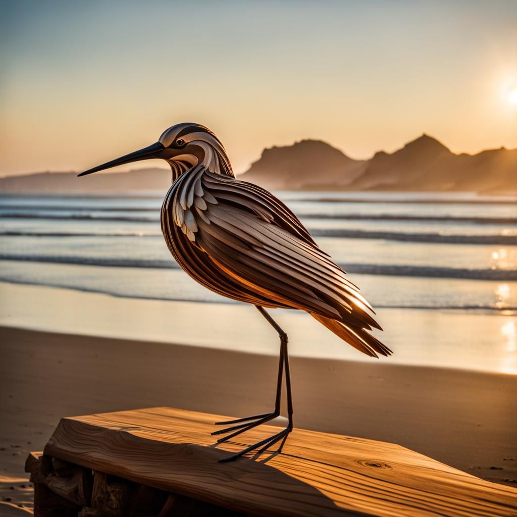 Hypermaximalist Wood Sculpture of Stilt Bird on Beach