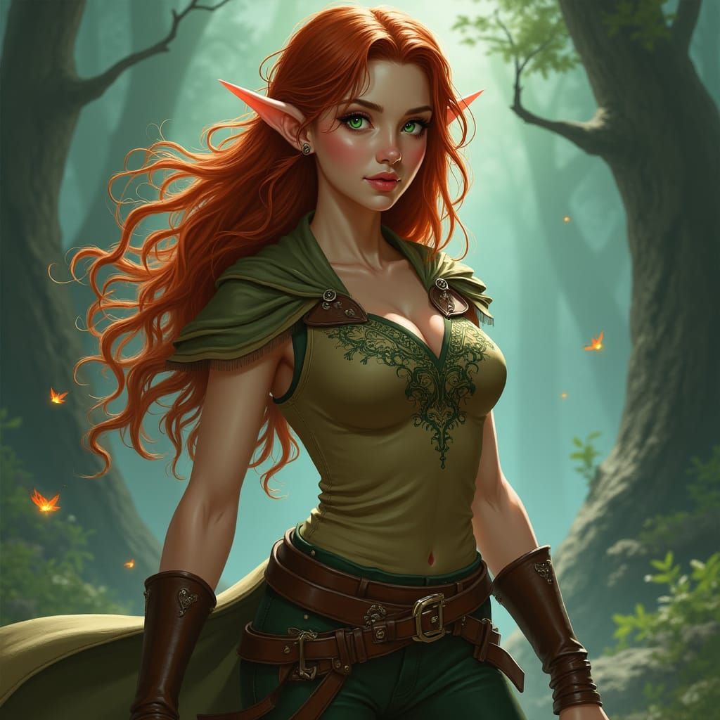 Half-Elven Woman with Emerald Eyes, Pre-Raphaelite Style